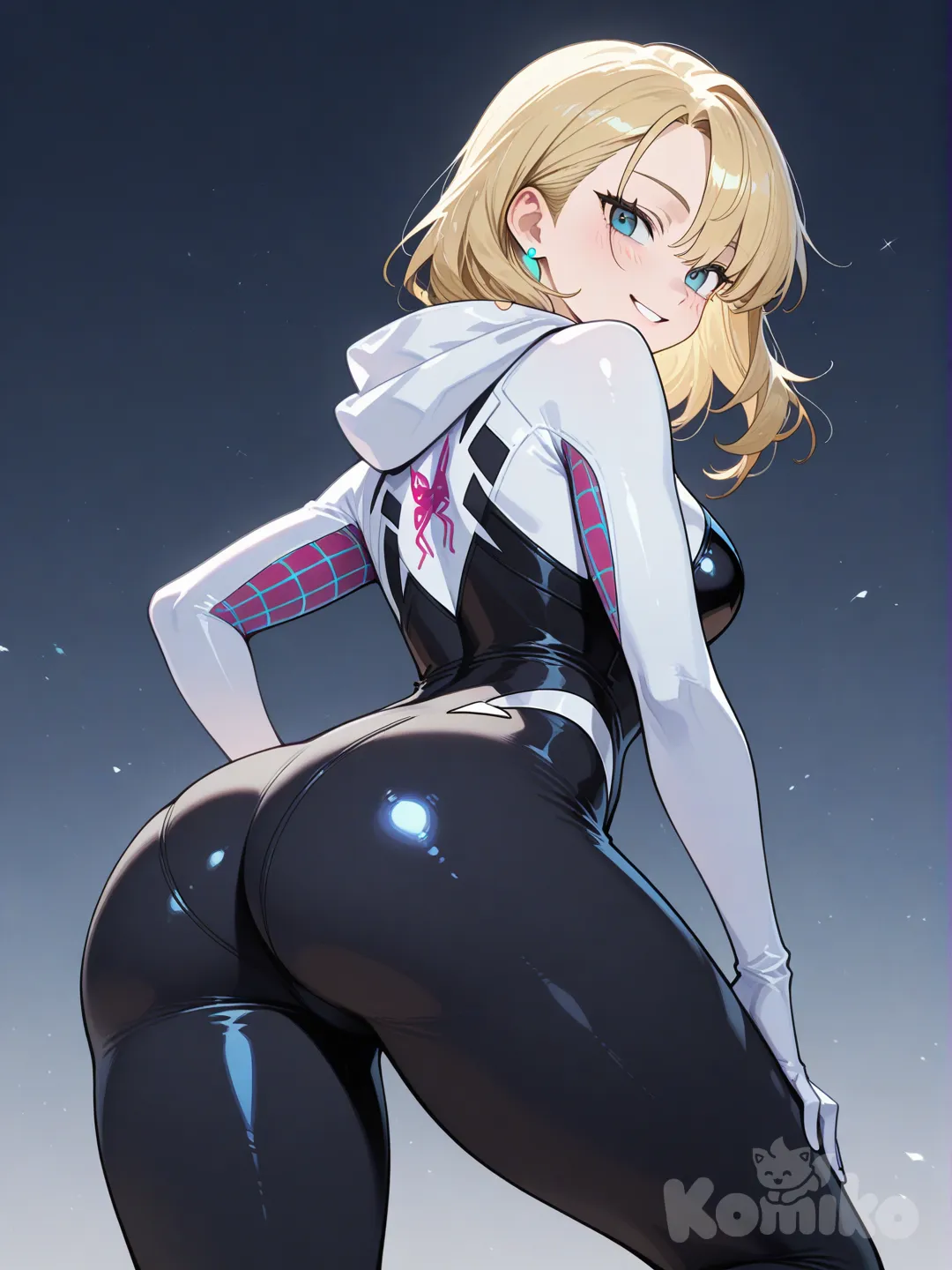 @Gwen_Stacy, looking back, superhero costume, lower body, smile