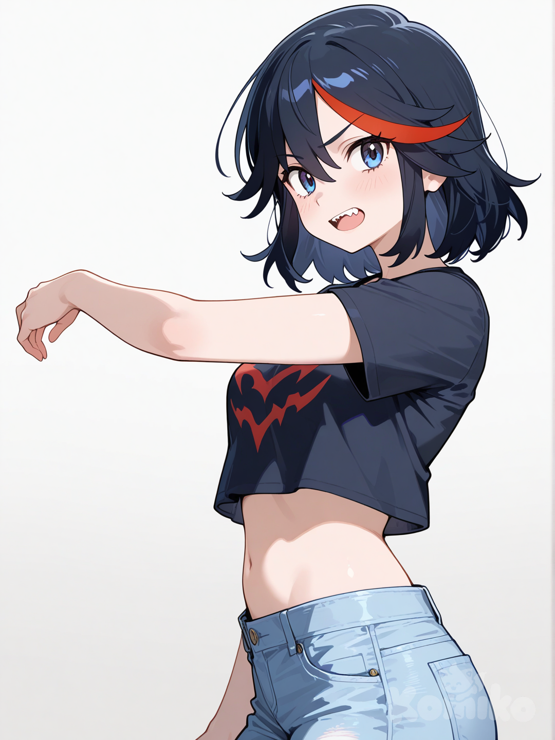matoi ryuuko, black hair, red streaked hair, short hair, blue eyes, midriff, navel, t-shirt, jeans, looking back