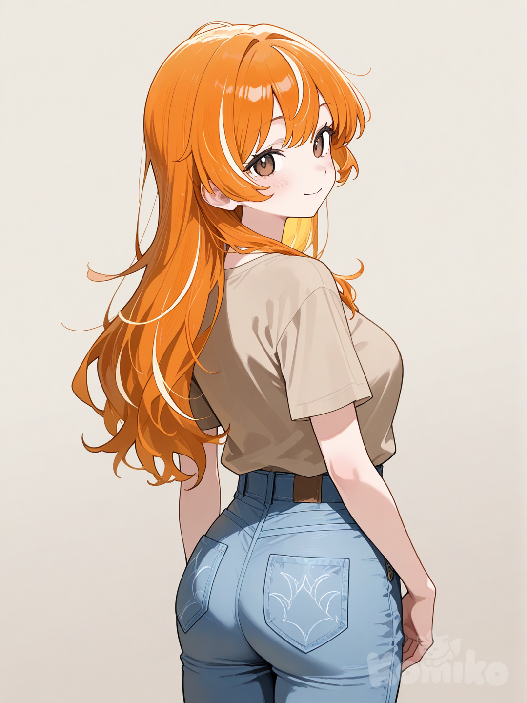 kotobuki_ran, orange hair, multicolored hair, streaked hair, brown eyes, powder blue t-shirt, jeans, looking back