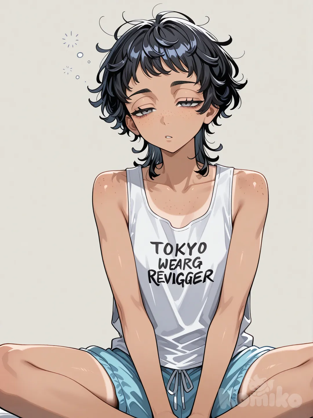 Tokyo revengers 1girl, tokyo revengers oc, gray half closed, extremely sleepy half lidded eyes, freckles, black hair, curly hair, short hair, short bangs. Curly bangs. Light tan. Lean. Toned. Average height. Baggy tank top. Baggy shorts.