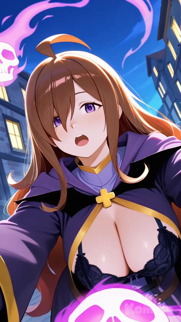 Wiz from Konosuba, long brown hair with soft curls, purple eyes with gentle gaze, calm and melancholic expression, purple robe and skull brooch, graceful and ghostly posture, undead mage style from Konosuba, underwear lingerie, very large breasts, doggy style, extreme explicit detail, realistic fluids, character from selected series, 1Girl, genital focus, POV perspective, close-up, dynamic angle, body fluids, texture, fetish accessories, lighting emphasis, expressive facial reactions, intense anatomy focus, vibrant colors, dramatic shading, city, ultra-Hardcore NSFW