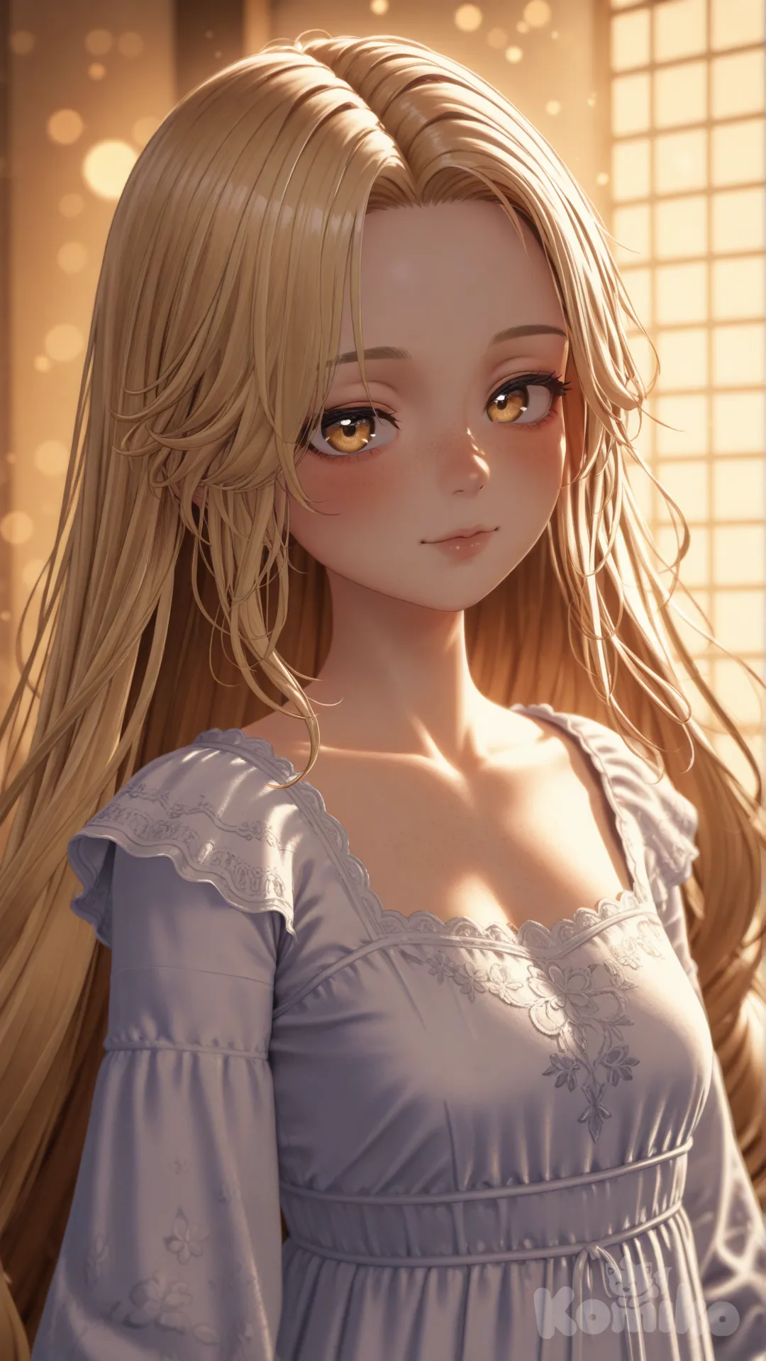 Ultra-realistic cinematic portrait of Rapunzel, a beautiful young woman with long, flowing golden blonde hair cascading endlessly around her, silky smooth strands glowing in soft natural light. Delicate facial features, large expressive hazel eyes with subtle shimmer, flawless porcelain skin with gentle freckles, soft rosy lips. Wearing an elegant pastel lavender medieval-inspired dress with fine embroidery. Hair gently illuminated as if glowing with magic. Shallow depth of field, creamy bokeh background, warm golden hour lighting, photorealistic skin texture, ultra-sharp focus, lifelike details, cinematic color grading, dreamy fairytale atmosphere, quality, 8k resolution, hyper-realistic shadows, soft wind movement in hair, magical realism style., [3d-anime-style]