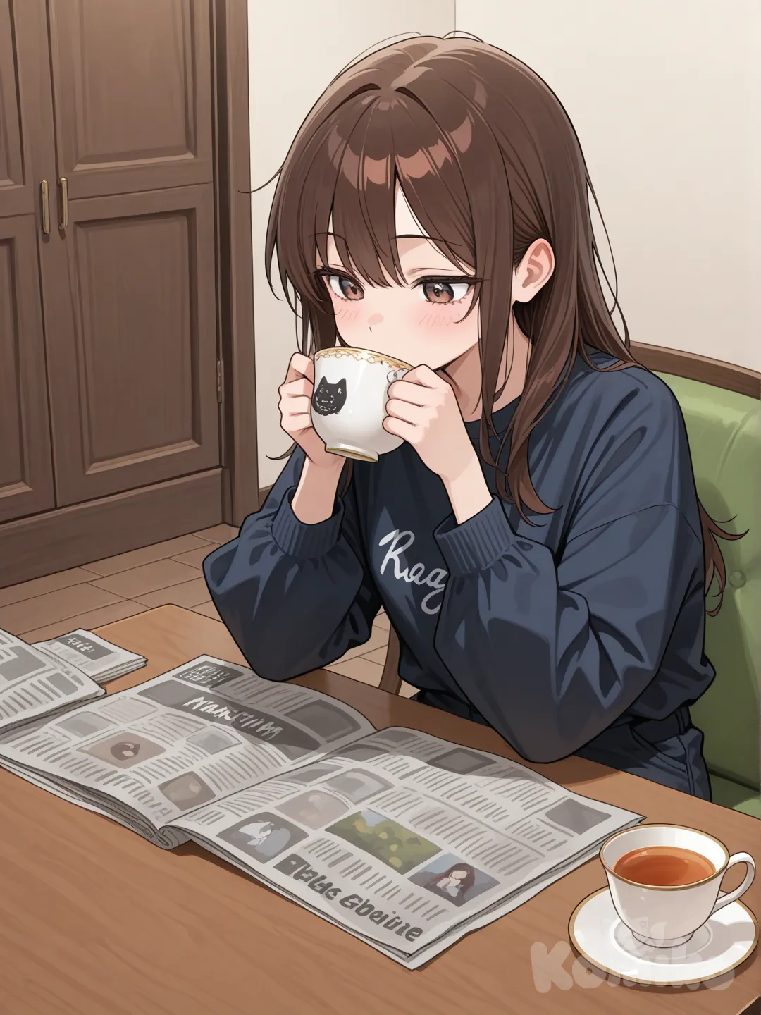 leyendo un diario. tomando te.