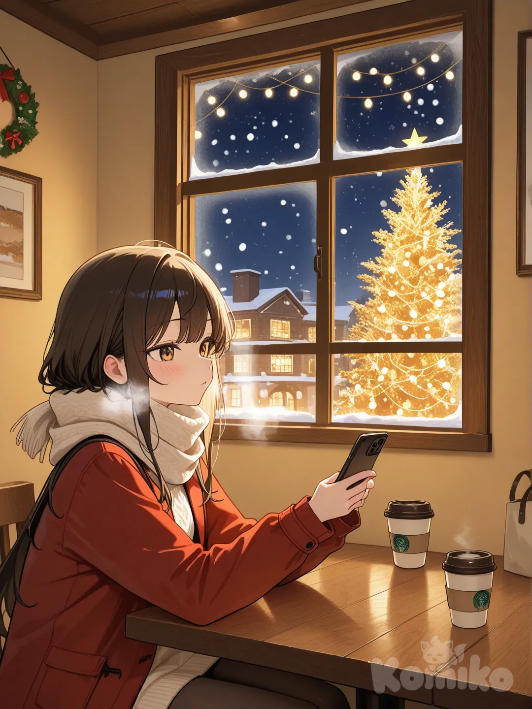 cafe. navidad. celular. nieve afuera