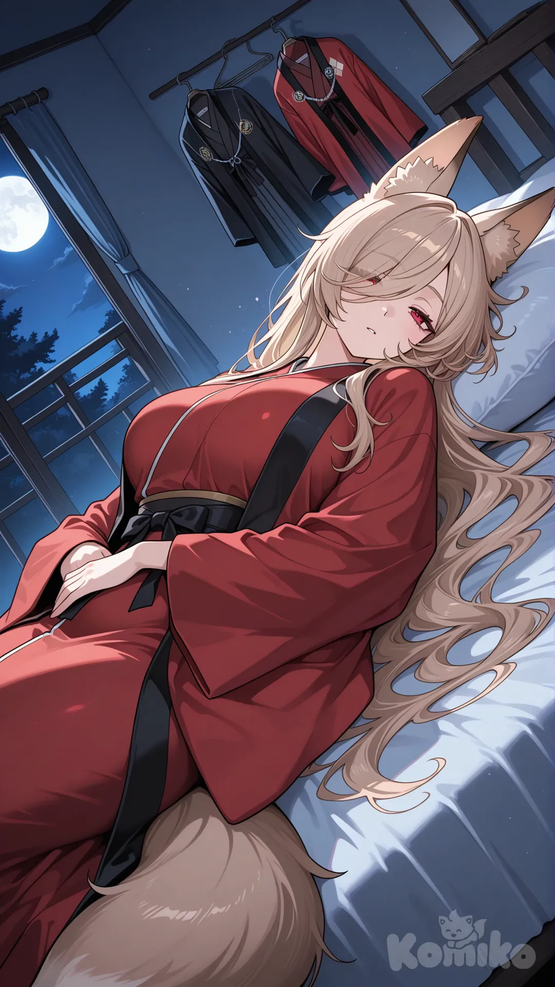 Ijn Yamato 
Light brown long hair 
Red demon eyes 
Fox ears
Nine Fox tails 
Large breast lie down on the bed 
Dark red kimono clothing 
Red long haori on the hanger
Background bedroom 
Sleeping beauty 
Time midnight