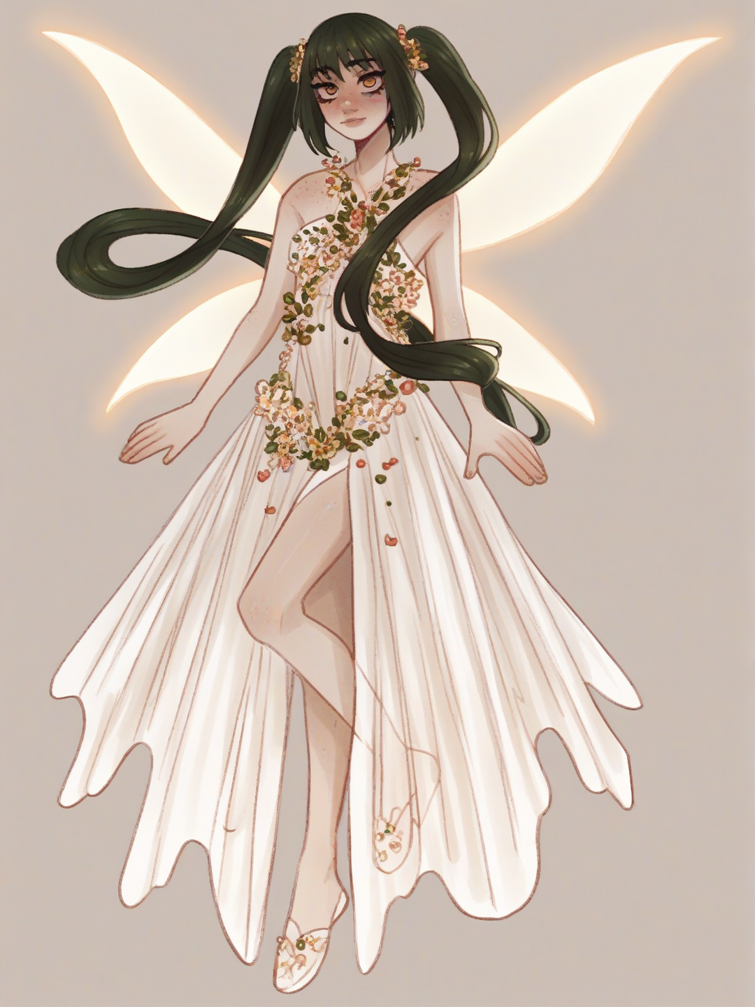 [soft-shaded-moe-style] 1girl, solo, fairy, angel, teenager, petite, short, slim, curvy, pale_skin, glowing_skin, freckles, fine_face, soft_features, expressive, large_eyes, orange_eyes, ethereal, twintails, very_long_hair, straight_hair, olive_green_hair, hair_flowers, colorful_flowers, floating_hair, huge_wings, fairy_wings, transparent_wings, crystalline_wings, glowing_wings, small_head_wings, elegant_dress, revealing_clothes, flowing_dress, vaporous_fabric, petal_dress, dress_floating, harmonizing_colors, one_piece_style, original_character, jujutsu_kaisen_style, naruto_style, single_character, full_body, looking_at_viewer, simple_background, white_background