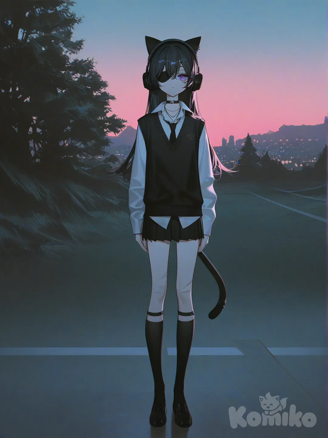 @mizuki-B8sx, expressionless, looking at viewer, twilight, backlight, city lights, forest, [high-contrast-glossy-style]