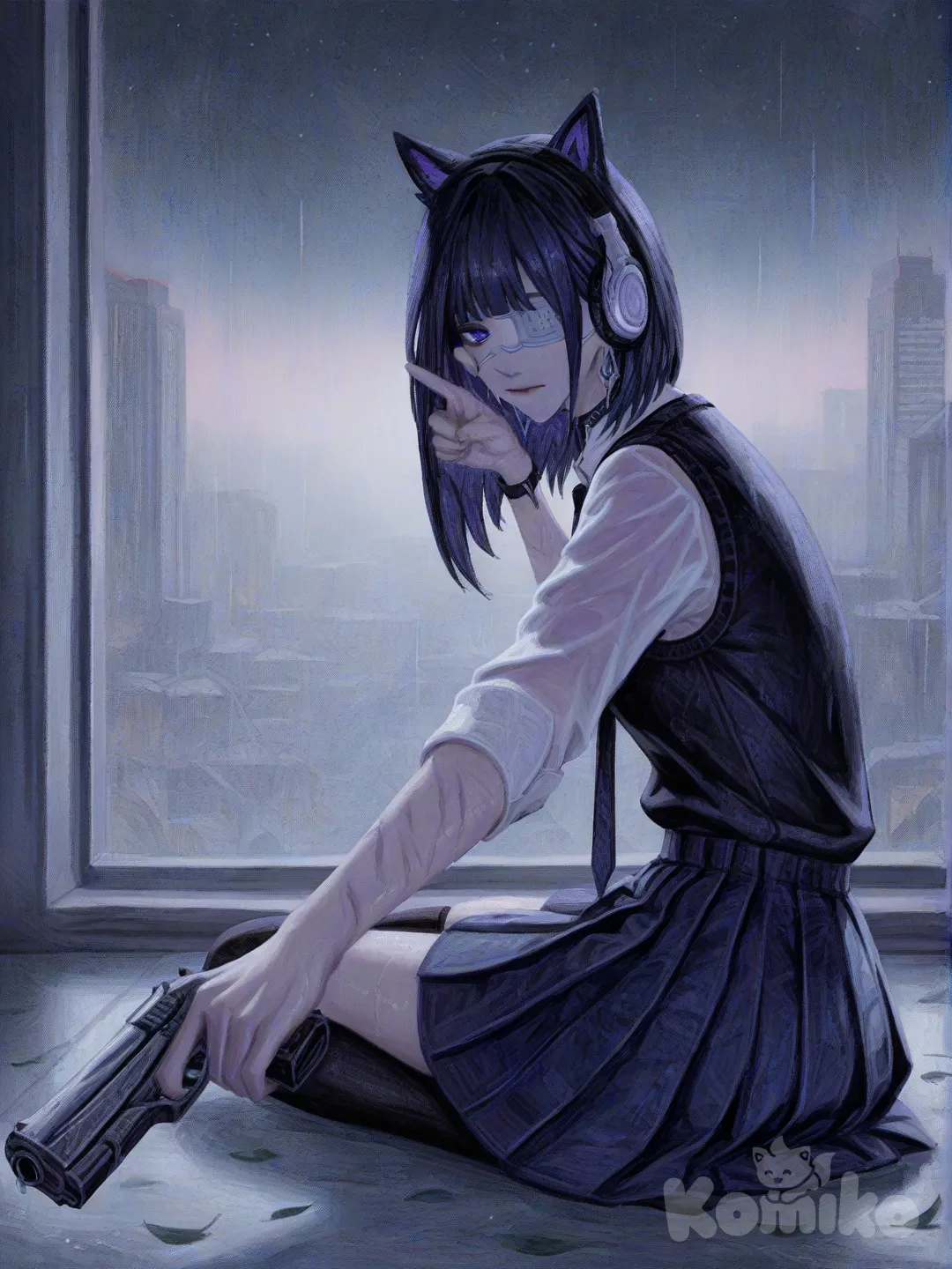 @mizuki-B8sx, expressionless, looking at viewer, twilight, backlight, city lights, 2girls, 1girl, heart hands, holding gun, looking back, sitting on the ground, pointing at viewer, wiping tears, depressed, ambient light, neon lights, leaves falling, rainy, starry sky, [gothic-oil-painting-style]