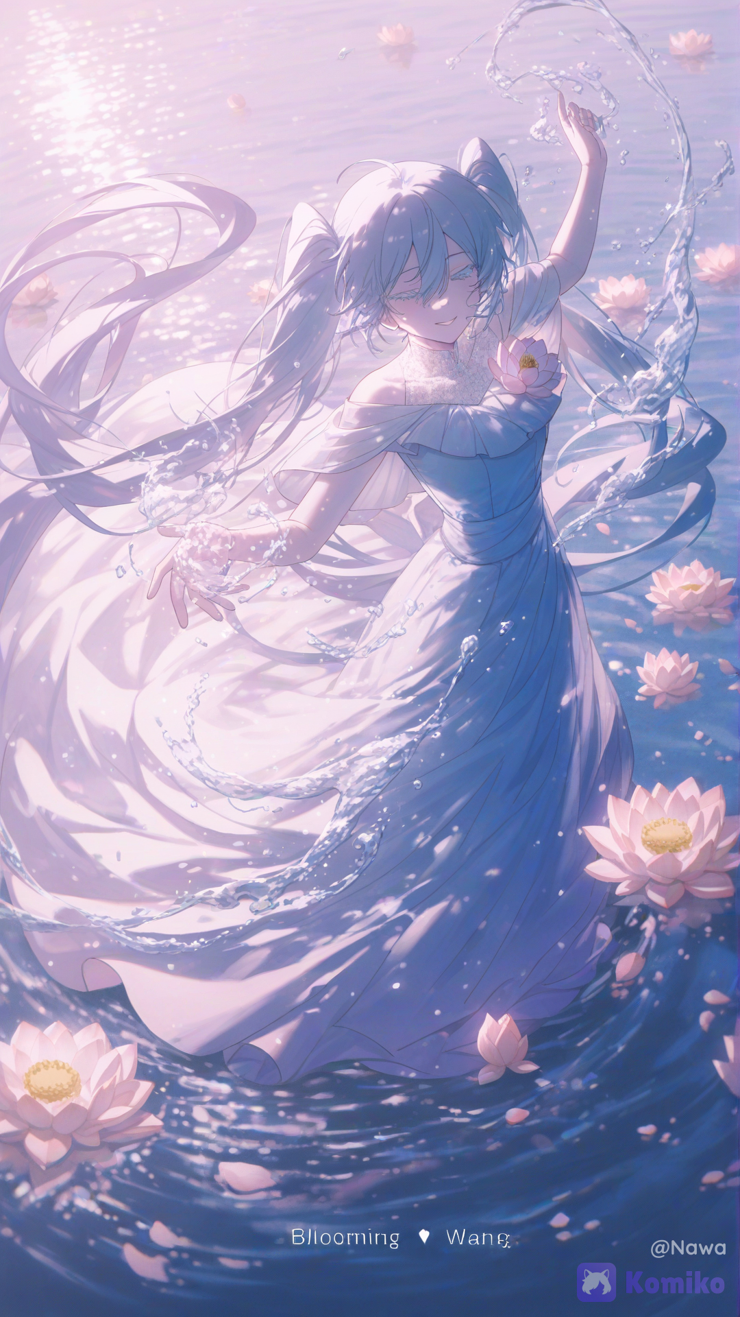 Very white skin, soft very long soft blue eyelashes and underlash, pink lips, She is wearing an elegant light blue dress with a charming white pattern and dancing all alone, surrounded by magical water that moves in sync with her dance. She wears a happy smile, and the setting is a river with beautiful, clear water; a light mist veils her as she dances, while numerous lotus flowers bloom across the river's surface. Soft collor, vibrant visual, ultra detail, close up, from above, [dreamy-haze-style]