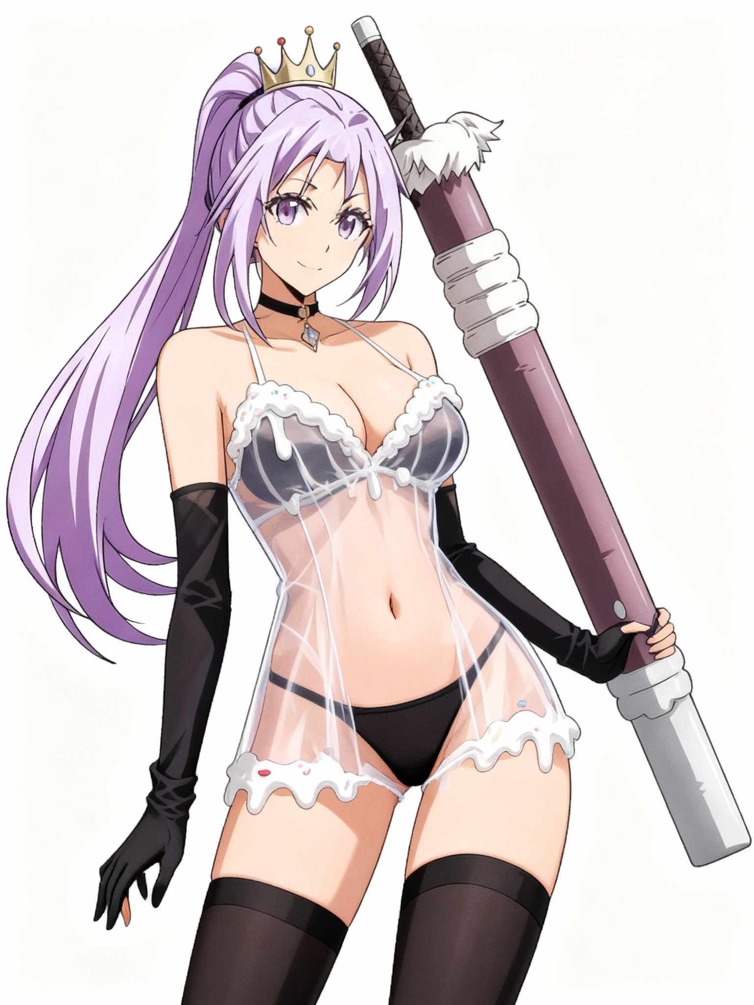 (alternate costume), official style, (royal icing) (fate) , fate/grand order, skindentation, shiny skin, see-through
clothes, babydoll, black panties, black gloves, cleavage, navel, black thighhighs, @sion-wXLd