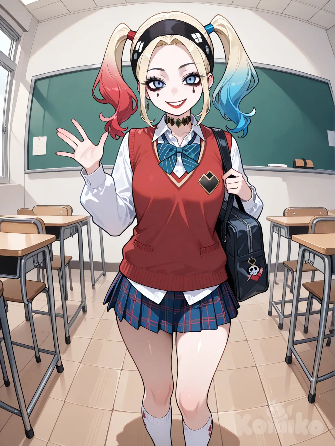 school vest, pleated skirt, headband, knee-high socks, twin tails, classroom, waving, @Harley_Quinn