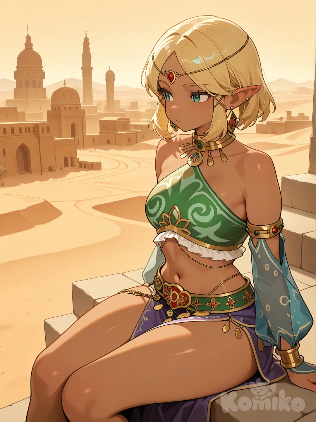 short hair, gerudo, woman, sitting on stairs, desert city, tall female