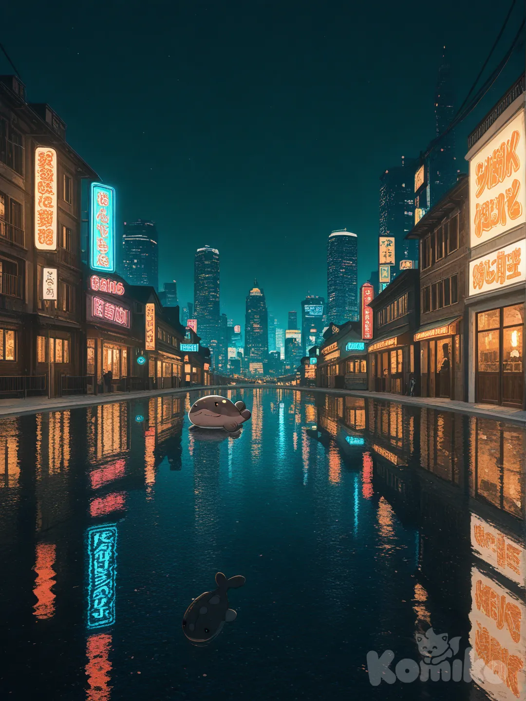 cyberpunk, Clodsire Pokémon, sky, night, neon lights, river side, dark, city