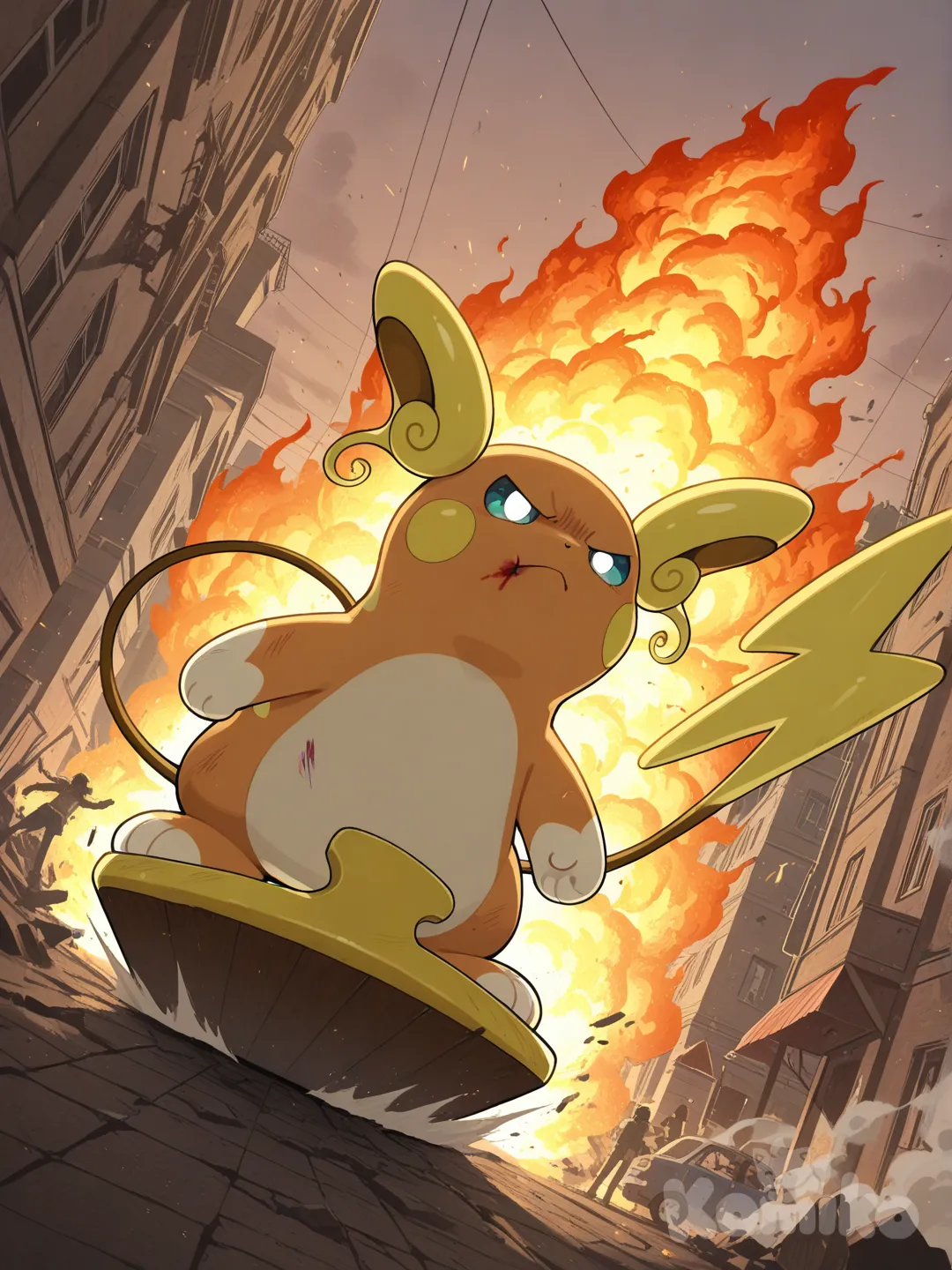 alolan Raichu surfing in civil war streets, city, fire, hurt, looking angry
