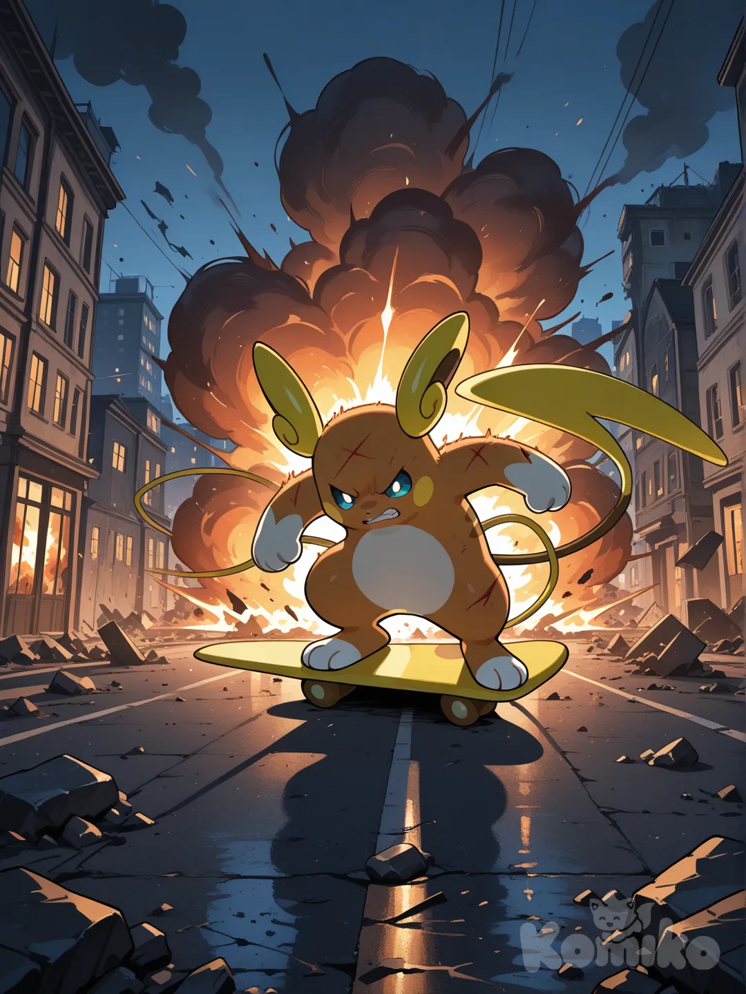 alolan Raichu surfing in civil war streets, city, fire, hurt, looking angry