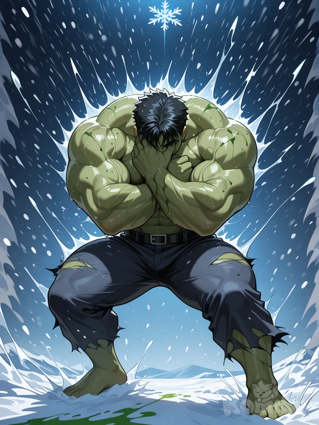 Hulk defendendo o rosto de ventos gelados cortantes enquanto sangue verde voa do corpo de hulk o cabelo dele e preto