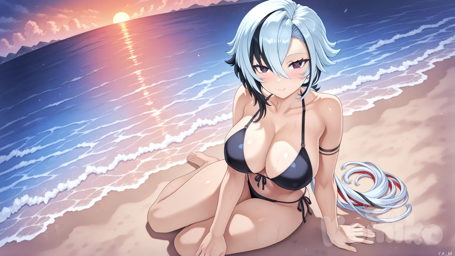 @Arlecchino_(Genshin_Impact)
#soft lighting
#sfw
#hyper-warm lighting
#mogudan-style depth
#outdoor_beach_sunset
#serene and nostalgic
#calm waves,
#Sitting facing the sea
#full body ,little black bikini , sexy smile , from above ,day ,front profile photo , big boobs, Playing the water, funny , relaxed, anime style