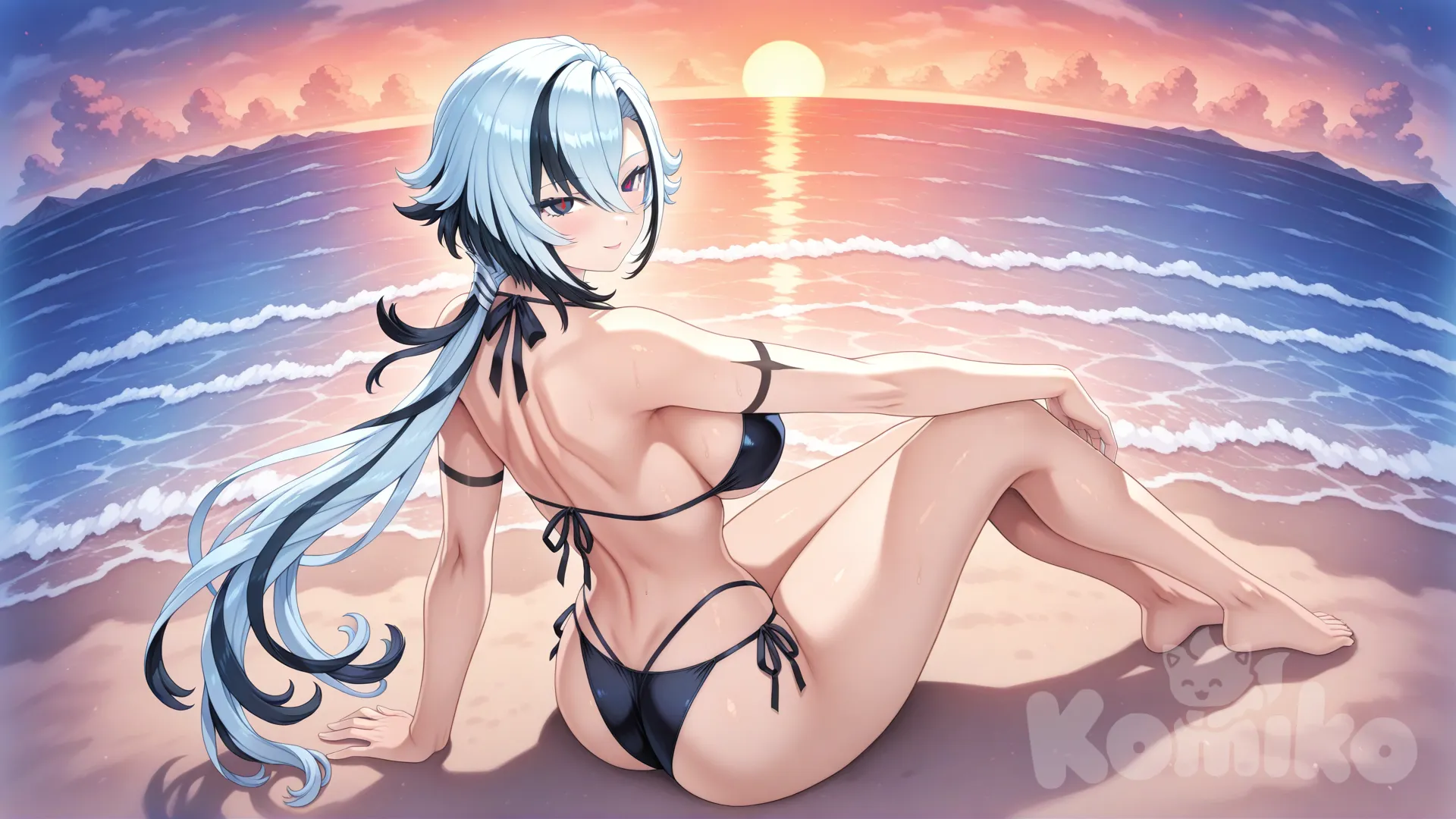 @Arlecchino_(Genshin_Impact)
#soft lighting
#sfw
#hyper-warm lighting
#mogudan-style depth
#outdoor_beach_sunset
#serene and nostalgic
#calm waves,
#Sitting facing the sea
#full body ,little black bikini , sexy smile , from above ,day ,front profile photo , big boobs, Playing the water, funny , relaxed, anime style