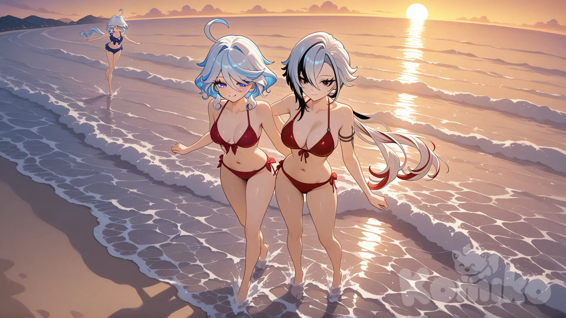 @Furina_(Genshin_Impact), 
@Arlecchino_(Genshin_Impact)
#soft lighting
#sfw
#hyper-warm lighting
#mogudan-style depth
#outdoor_beach_sunset
#serene and nostalgic
#calm waves, 
#full body ,little red bikini, sexy smile , from above ,day ,front profile photo , big boobs, Playing the water, funny , relaxed, anime style
