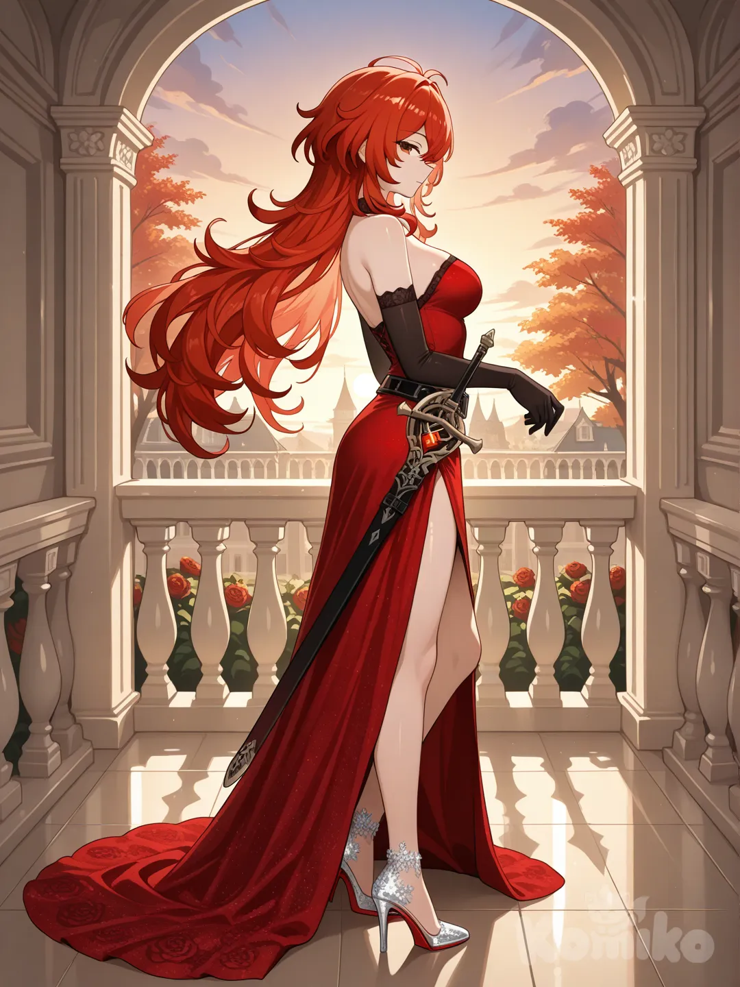 @Diluc_(Genshin_Impact) as a woman
#looking at viewer #full body#, front view , big boobs
red ruby color dress (the dress is a Off-the-shoulder dress with no shoulder straps) with black Snowflaker pattern, black long gloves
Carrying a rapier sword(has a black blade and a sharp edge that was as red ruby color dress.) at the waist
The red high heels are shiny, as if they were made from red ruby
On the bone-white marble balcony on the upper floor of a luxurious French-style mansion, white with a charcoal-colored roof.
Standing and looking at the view of the blood-black rose garden below
Evening view , In the middle of a garden full of maple trees
,day ,side profile photo , relaxed, anime style ,
look like a leader and cool women , cold eyes
Evening sunlight
