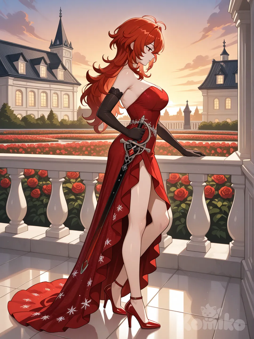 @Diluc_(Genshin_Impact) as a woman
#looking at viewer #full body#, front view , big boobs
red ruby color dress (the dress is a Off-the-shoulder dress with no shoulder straps) with black Snowflaker pattern, black long gloves
Carrying a rapier sword(has a black blade and a sharp edge that was as red ruby color dress.) at the waist
The red high heels are shiny, as if they were made from red ruby
On the bone-white marble balcony on the upper floor of a luxurious French-style mansion, white with a charcoal-colored roof.
Standing and looking at the view of the blood-black rose garden below
Evening view , In the middle of a garden full of maple trees
,day ,side profile photo , relaxed, anime style ,
look like a leader and cool women , cold eyes
Evening sunlight