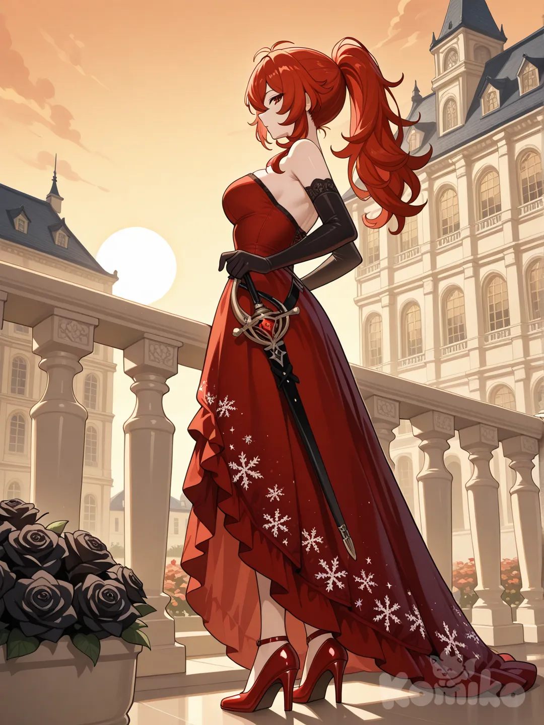 @Diluc_(Genshin_Impact) as a woman
#looking at viewer #full body#, up view , big boobs
red ruby color dress (the dress is a Off-the-shoulder dress with no shoulder straps) with black Snowflaker pattern, black long gloves
Carrying a rapier sword(has a black blade and a sharp edge that was as red ruby color dress.) at the waist
The red high heels are shiny, as if they were made from red ruby
On the bone-white marble balcony on the upper floor of a luxurious French-style mansion, white with a charcoal-colored roof.
Standing and looking at the view of the blood-black rose garden below
Evening view , In the middle of a garden full of maple trees
,day ,side profile photo , relaxed, anime style ,
look like a leader and cool women , cold eyes
Evening sunlight