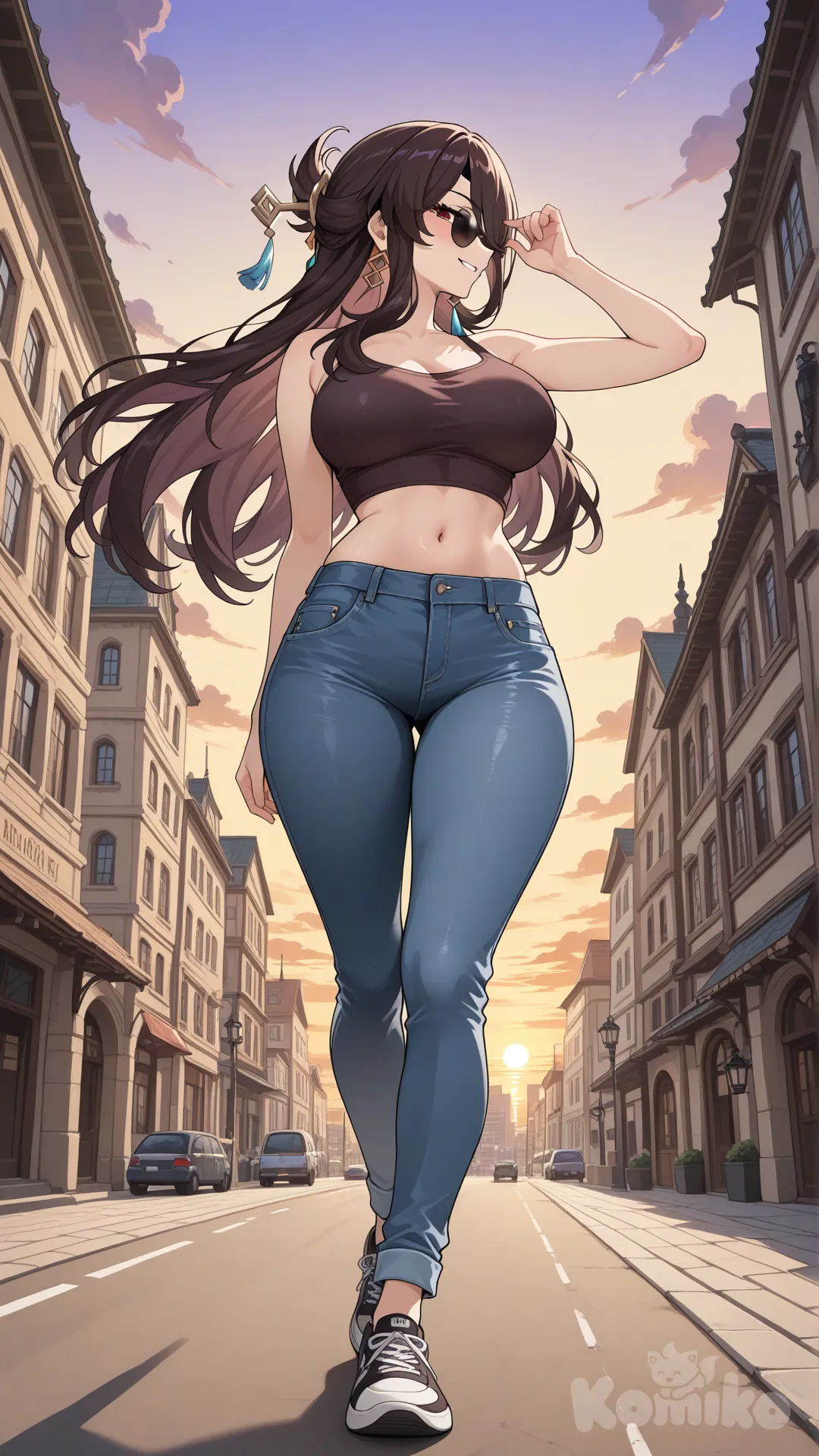 @Beidou_(Genshin_Impact)

#big sister style , Very good figure , 

#side view 

 # upper body (Focus on the upper body, from the waist up.)

#looking at viewer #full body#, up view , #full body ,from above , day , funny , relaxed, anime style , 

#cool post

,dark violet Thin Cropped tank top , jeans , black running shoes , sun glasses

relax , Taking a stroll, walking on a sidewalk , on a eveing sunnyday , in the sreet in capital city , It has a view of the sea and beach as a backdrop