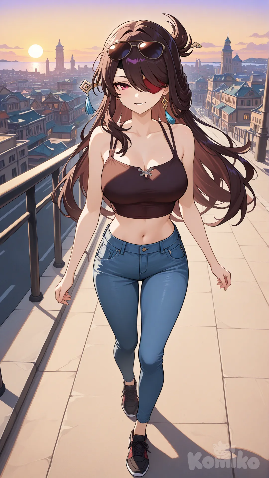 @Beidou_(Genshin_Impact)

#big sister style , Very good figure , 

#top view 

 # upper body (Focus on the upper body, from the waist up.)

#looking at viewer #full body#, up view , #full body ,from above , day , funny , relaxed, anime style , 

#cool post

,dark violet Thin Cropped tank top , jeans , black running shoes , sun glasses

relax , Taking a stroll, walking on a sidewalk , on a eveing sunnyday , in the sreet in capital city , It has a view of the sea and beach as a backdrop