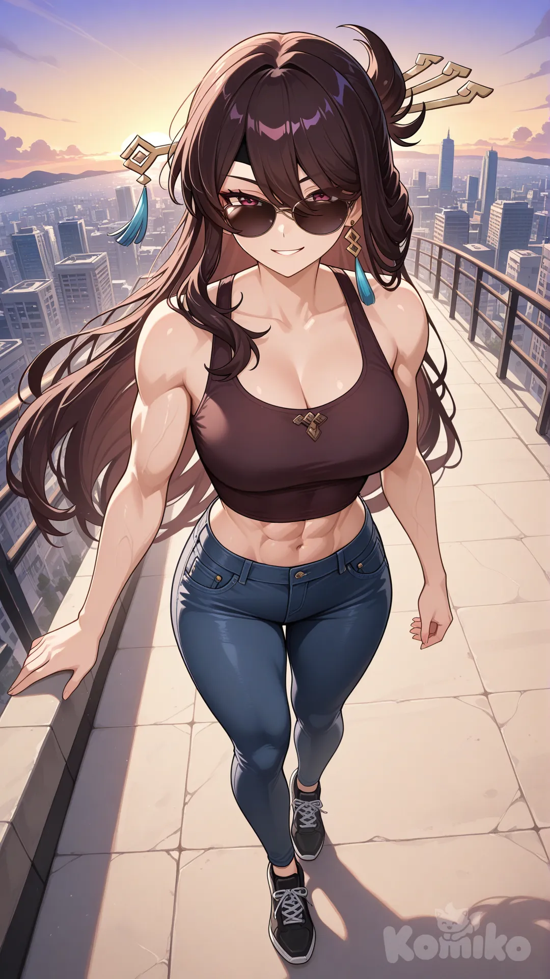 @Beidou_(Genshin_Impact)

#big sister style , Very good figure , 

#front view 

 # upper body (Focus on the upper body, from the waist up.)

#looking at viewer #full body#, up view , #full body ,from above , day , funny , relaxed, anime style , 

#cool post

,dark violet Thin Cropped tank top , jeans , black running shoes , sun glasses

relax , Taking a stroll, walking on a sidewalk , on a eveing sunnyday , in the sreet in capital city , It has a view of the sea and beach as a backdrop