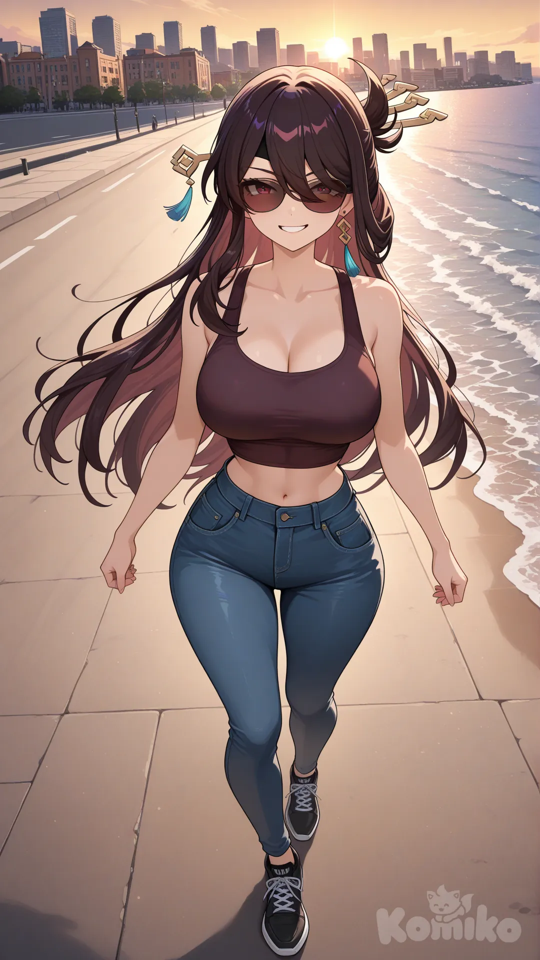 @Beidou_(Genshin_Impact)

#big sister style , Very good figure , 

#front view 

 # upper body (Focus on the upper body, from the waist up.)

#looking at viewer #full body#, up view , #full body ,from above , day , funny , relaxed, anime style , 

#cool post

,dark violet Thin Cropped tank top , jeans , black running shoes , sun glasses

relax , Taking a stroll, walking on a sidewalk , on a eveing sunnyday , in the sreet in capital city , It has a view of the sea and beach as a backdrop