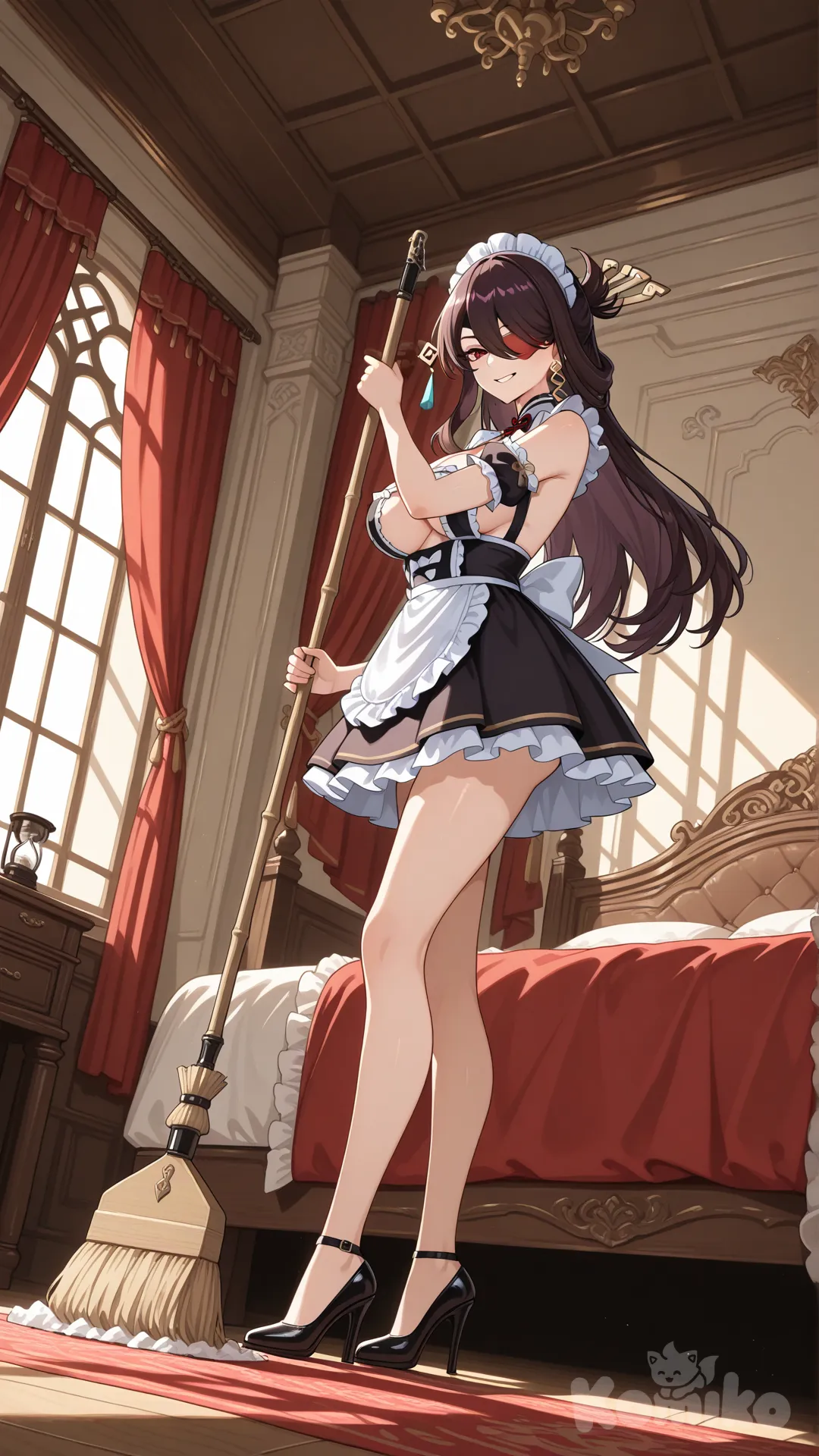 Beidou (Genshin Impact) #big sister style , Very good figure , longhair

#big sister style , Very good figure , 

#side view 

 # upper body (Focus on the upper body, from the waist up.)

#looking at viewer #full body#, up view , #full body ,from above , day , funny , relaxed, anime style , 

#cool post

,dark violet maid uniform A maid outfit that covers all parts of the body (without revealing private parts).

# private bed room in mansion,It's a bedroom for two, featuring only a red bed and a soft, red interior, creating a relaxing and sensual atmosphere and hot. , Decorated with wooden furniture in a gold theme, sunlight streaming through the windows creates a warm atmosphere.

#She intended to clean, relax , sunnyday , in the bedroom , Clean, sweep the floor, with a cheerful demeanor.