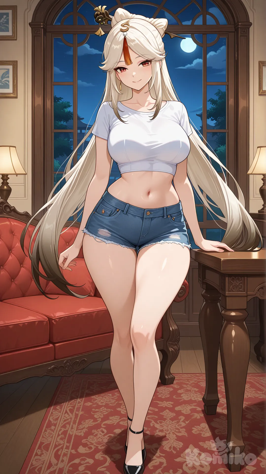 Ningguang_(Genshin_Impact)
#big sister style , Very good figure , longhair
#little white Thin Cropped tank top and little fit shot jeans
#front view(focus her full body)

#looking at viewer(Turn to look at the viewer) 
#full body
#, Rear view looking down , #full body ,day , funny , night , relaxed, anime style , 

#The private living room on the upper floor of the mansion overlooks the garden, featuring only a red sofa and a single table. The cool, airy atmosphere in the moonlight creates a seductive, 

# She was standing on the table with her face to me. and smile like wife