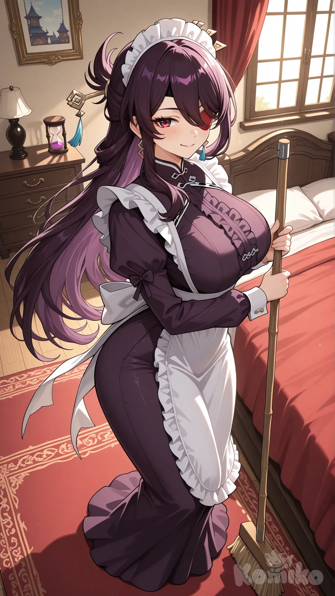 @Beidou_(Genshin_Impact) #big sister style , Very good figure , longhair

#big sister style , Very good figure , 

#side view 

 # upper body (Focus on the upper body, from the waist up.)

#looking at viewer #full body#, up view , #full body ,from above , day , funny , relaxed, anime style , 

#cool post

,dark violet maid uniform A maid outfit that covers all parts of the body (without revealing private parts).

# private bed room in mansion,It's a bedroom for two, featuring only a red bed and a soft, red interior, creating a relaxing and sensual atmosphere and hot. , Decorated with wooden furniture in a gold theme, sunlight streaming through the windows creates a warm atmosphere.

#She intended to clean, relax , sunnyday , in the bedroom , Clean, sweep the floor, with a cheerful demeanor.