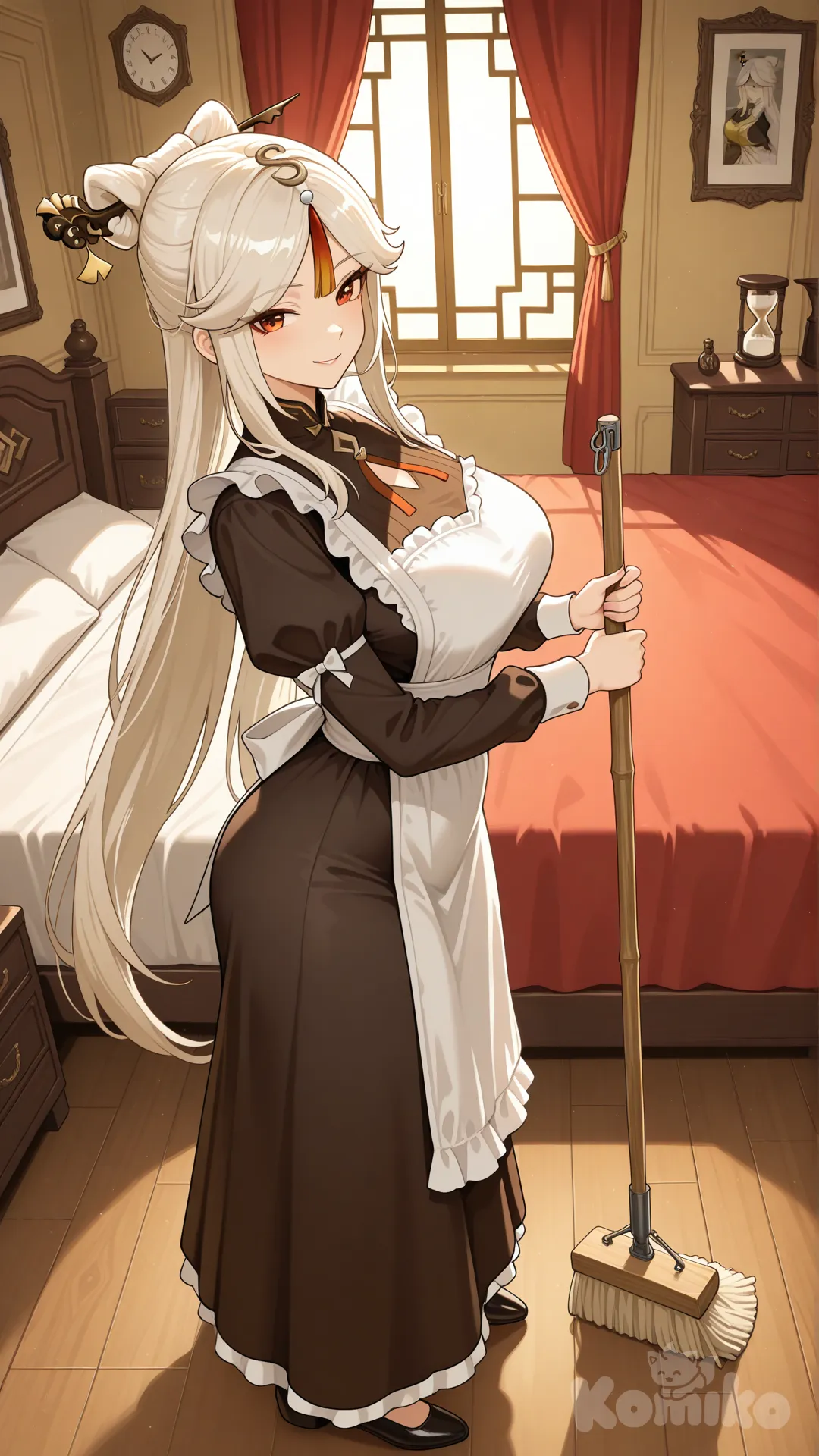 @Ningguang_(Genshin_Impact) #big sister style , Very good figure , longhair  #big sister style , Very good figure ,   #side view    # upper body (Focus on the upper body, from the waist up.)  #looking at viewer #full body#, up view , #full body ,from above , day , funny , relaxed, anime style ,   #cool post  ,dark violet maid uniform A maid outfit that covers all parts of the body (without revealing private parts).  # private bed room in mansion,It's a bedroom for two, featuring only a red bed and a soft, red interior, creating a relaxing and sensual atmosphere and hot. , Decorated with wooden furniture in a gold theme, sunlight streaming through the windows creates a warm atmosphere.  #She intended to clean, relax , sunnyday , in the bedroom , Clean, sweep the floor, with a cheerful demeanor.