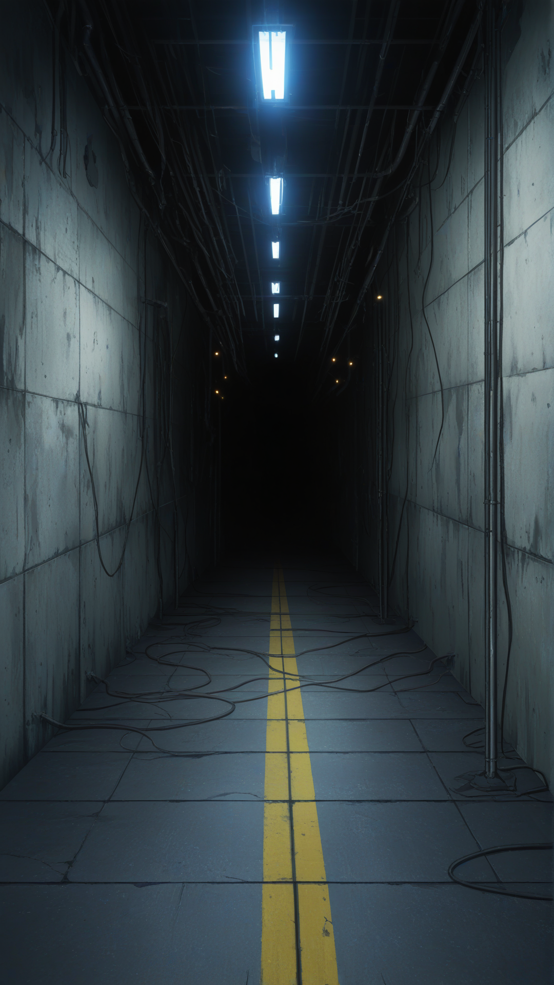 [pop-anime-style] underground facility corridor,
dim lights, metal walls,
pipes and cables,
dark ominous atmosphere,
no text