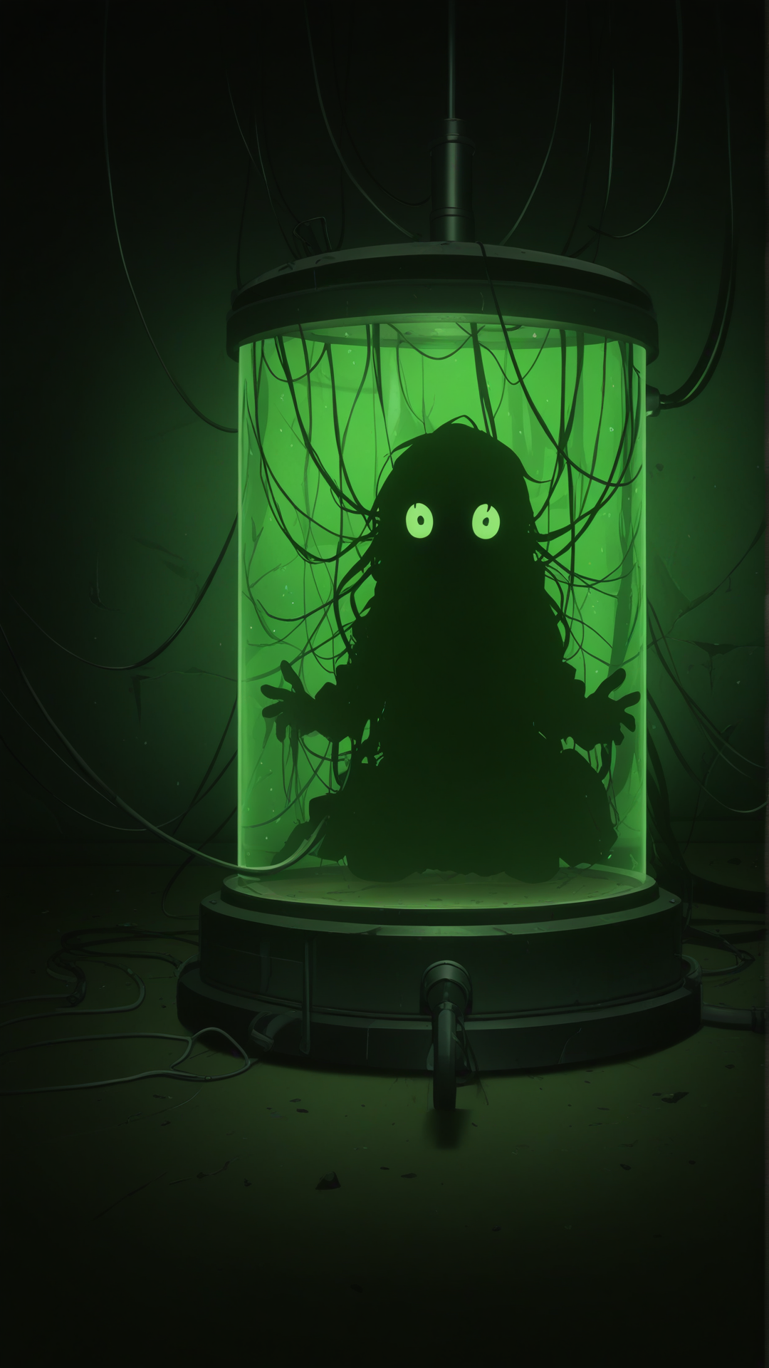 [pop-anime-style] underground lab room,
glass tanks, cables,
greenish dim light,
dark and disturbing mood