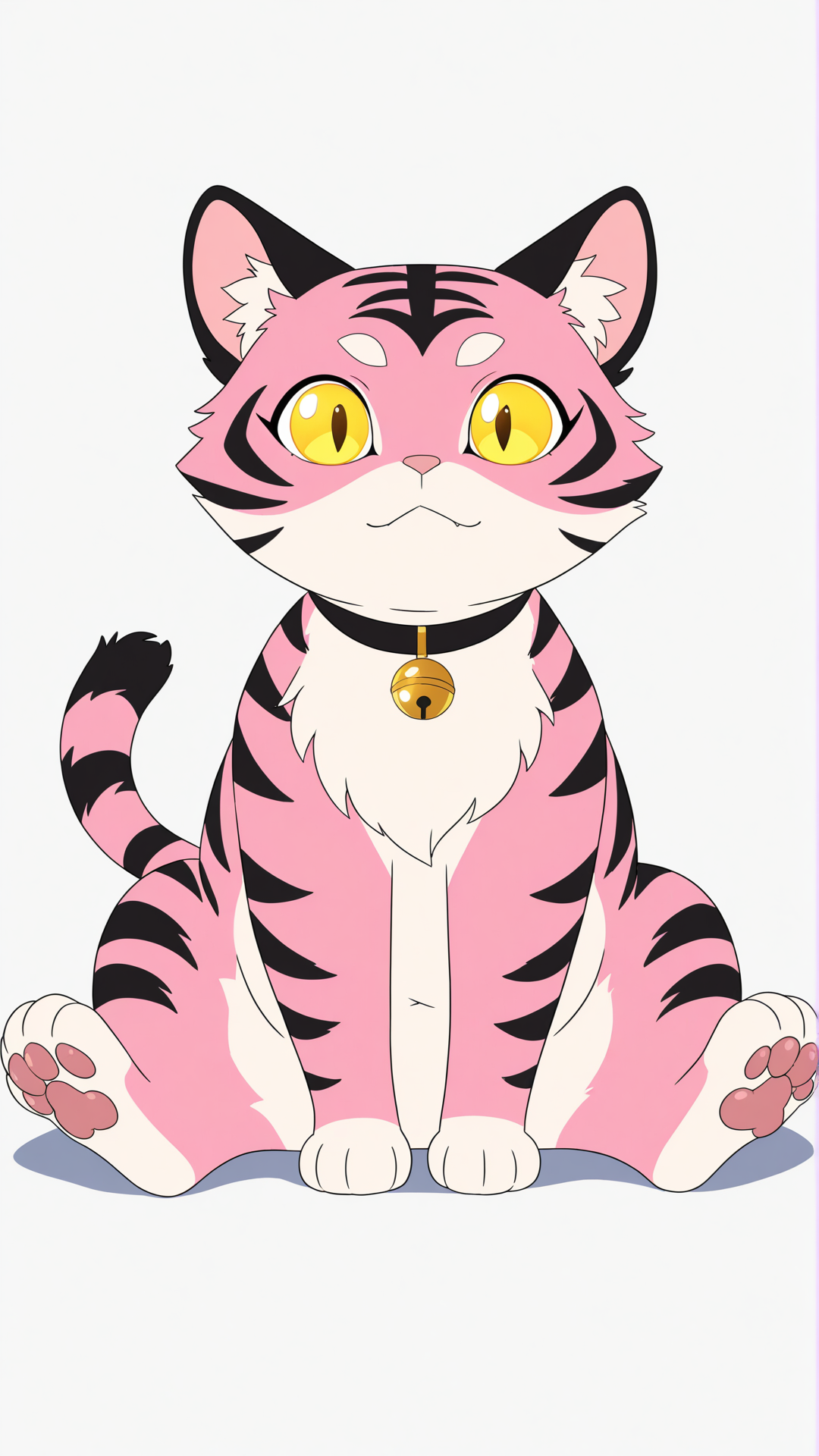 [pop-anime-style]
a normal cute fat baby cat with tiger signs,
normal cat anatomy,
pinkish skin baby cat (not orange),
golden cat eyes,
black choker with gold details,
sit down,
white background.