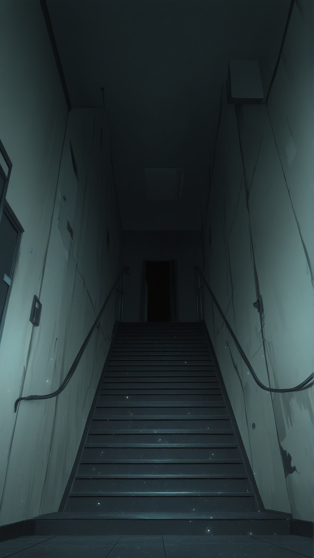 [pop-anime-style], Crie o cenário de uma longa escadaria obscura de instituto, ar de mistério e de lugar abandonado. As paredes são brancas, o chão é cinza escuro e preto, toda e qualquer mobília que aparecer deverá ser cinza e preta. Esta escadaria deve ter um ar de lugar secreto, sem nenhum tipo de janela e encanamento visível próximo ao teto.