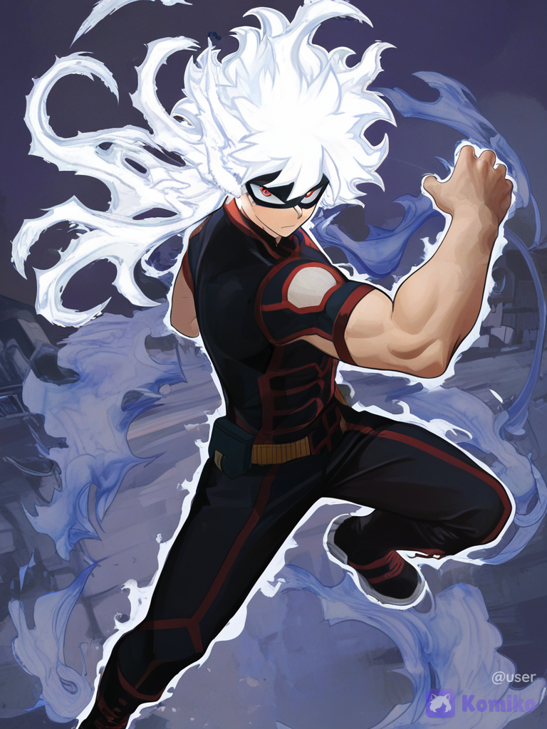 Best aesthetic, great quality, sketch. Pure White hair, great quality, sketch. White hair, red eyes, Young Handsome man. Cool black hero clothes. Best cool pose. Fish eye view. Manga like. Sun Wukong like. Manga paint. Manga quality., [watercolor-illustration-style]My hero academia style. Cool Unique hair style and style.
