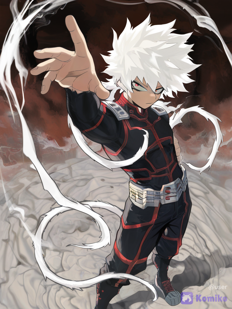 Best aesthetic, great quality, sketch. Pure White hair, Best aesthetic, great quality, sketch. White hair, red eyes, Young Handsome man. Cool black modern clothes. Best cool pose. Fish eye view. Manga like. Sun Wukong like. Manga paint. Manga quality., [watercolor-illustration-style]My Hero Academia style. Unique hair style.