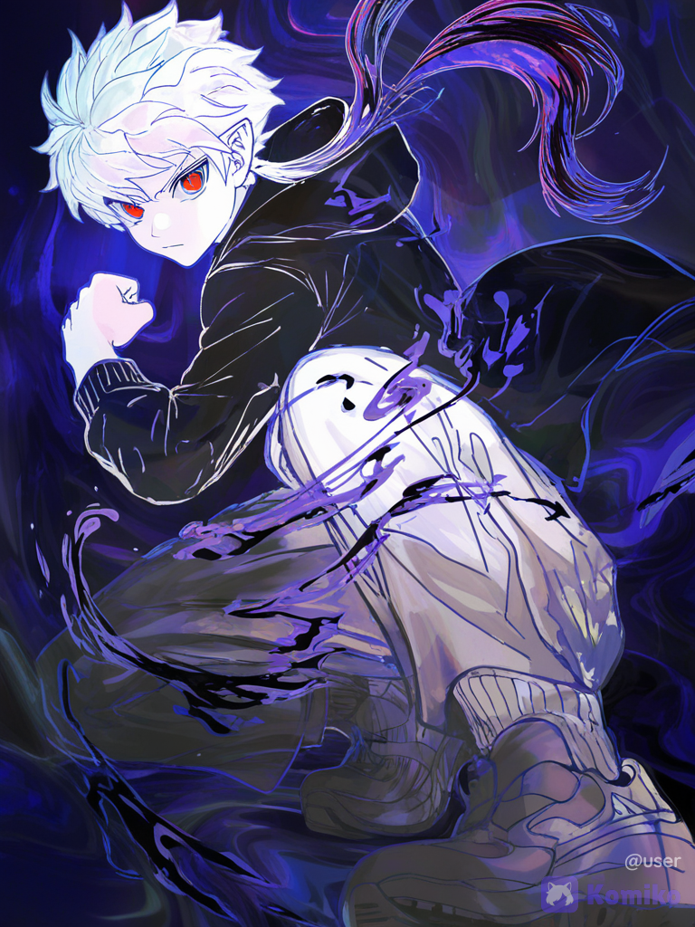 Best aesthetic, great quality, sketch. Pure White hair, Best aesthetic, great quality, sketch. White hair, red eyes, Young adult Handsome man. 18 years old. Cool black modern hoodie clothes. Best cool pose. Fish eye view. Manga like. Sun Wukong like. Manga paint. Manga quality., [watercolor-illustration-style]