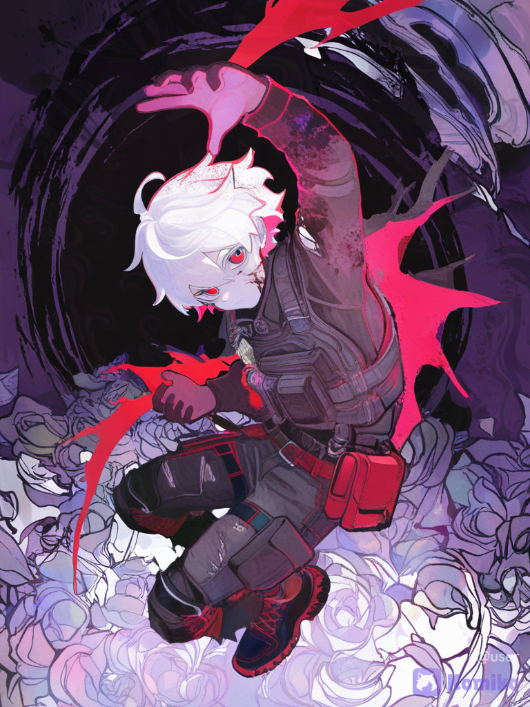 Best aesthetic, great quality, sketch. Pure White MEN hair, Best aesthetic, great quality, sketch. White hair, red eyes, ADULT HANDSOME MAN. 18 years old. COOL BLACK Apocalypse clothes.Best cool pose. Fish eye view. Manga like. Manga paint. Manga quality,Full body.[watercolor-illustration-style]