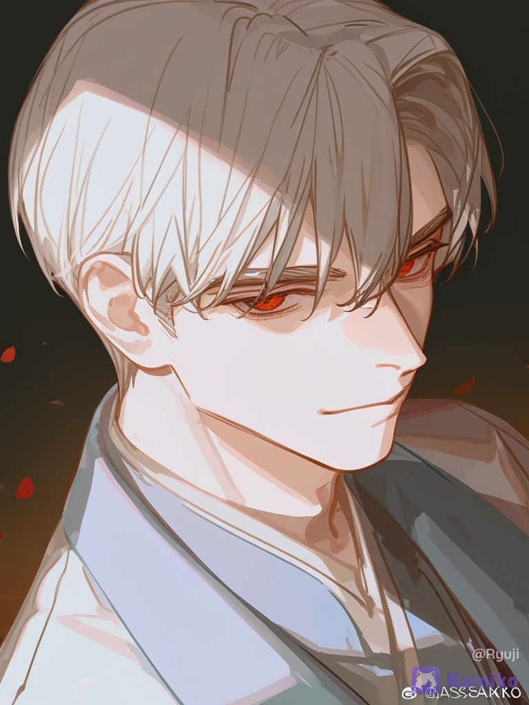 [dazzling-illustration-style]Manga style. Solo leveling Manhwa style. Manga paint. Pure White hair, Red eyes, great quality, sketch. ADULT HANDSOME MAN. face. Fish eye view. Half body view.