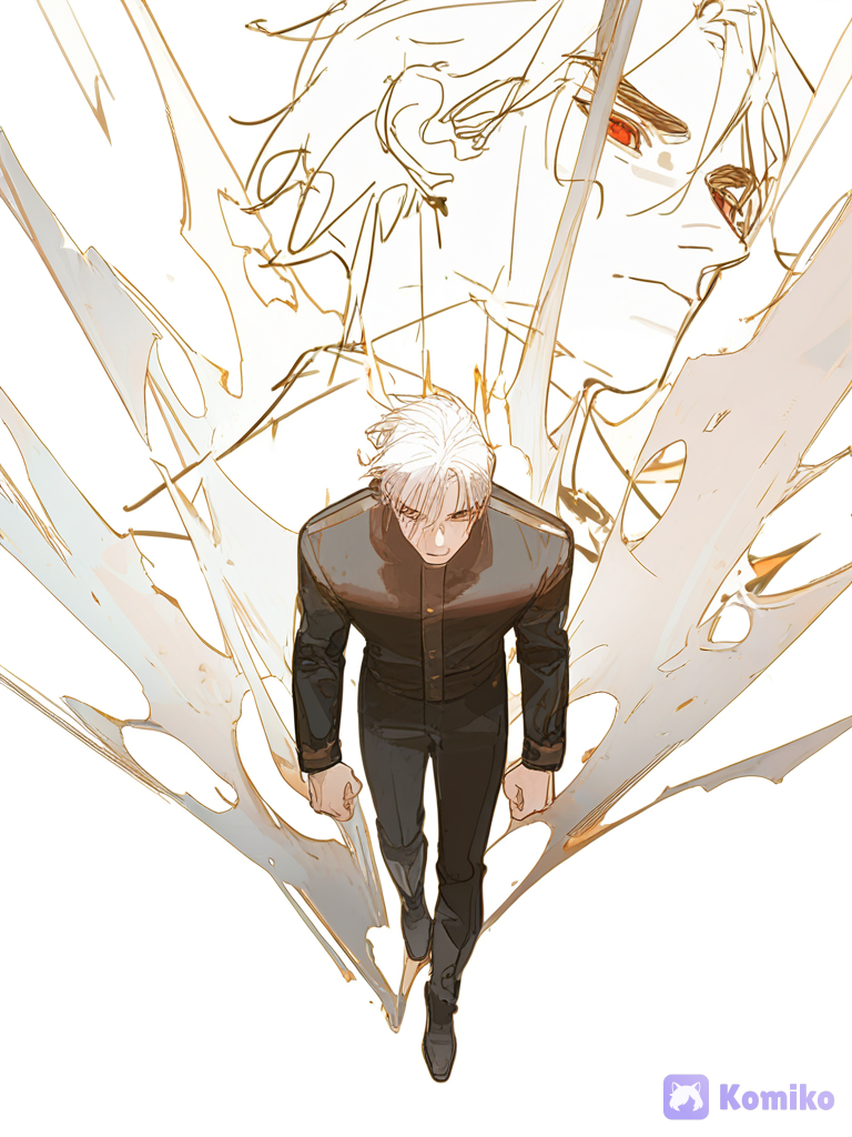 [dazzling-illustration-style]3 man. Same guy different cool positions. Manga style. Solo leveling Manhwa style. Manga paint. Pure White hair, Red eyes, great quality, sketch. ADULT HANDSOME MAN.
face. Fish eye view. Half body view. (Main image) Full body view. (a little transparent image behind the main) Aura surrounding. Protagonist.