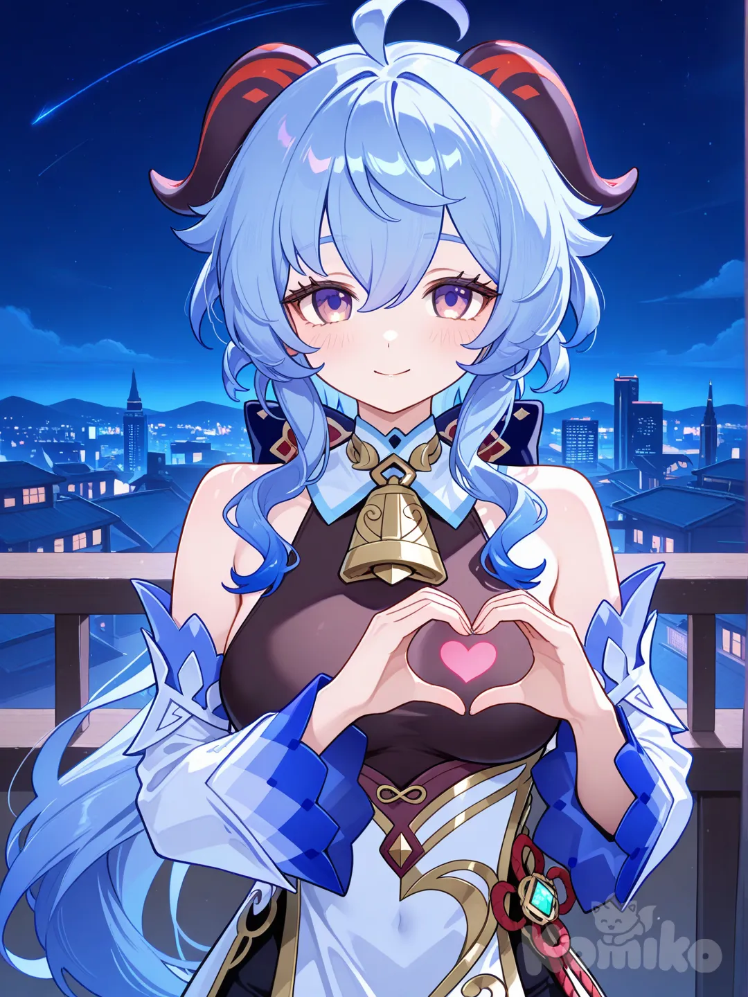 @Ganyu_(Genshin_Impact), heart hands, looking at viewer, cityscape