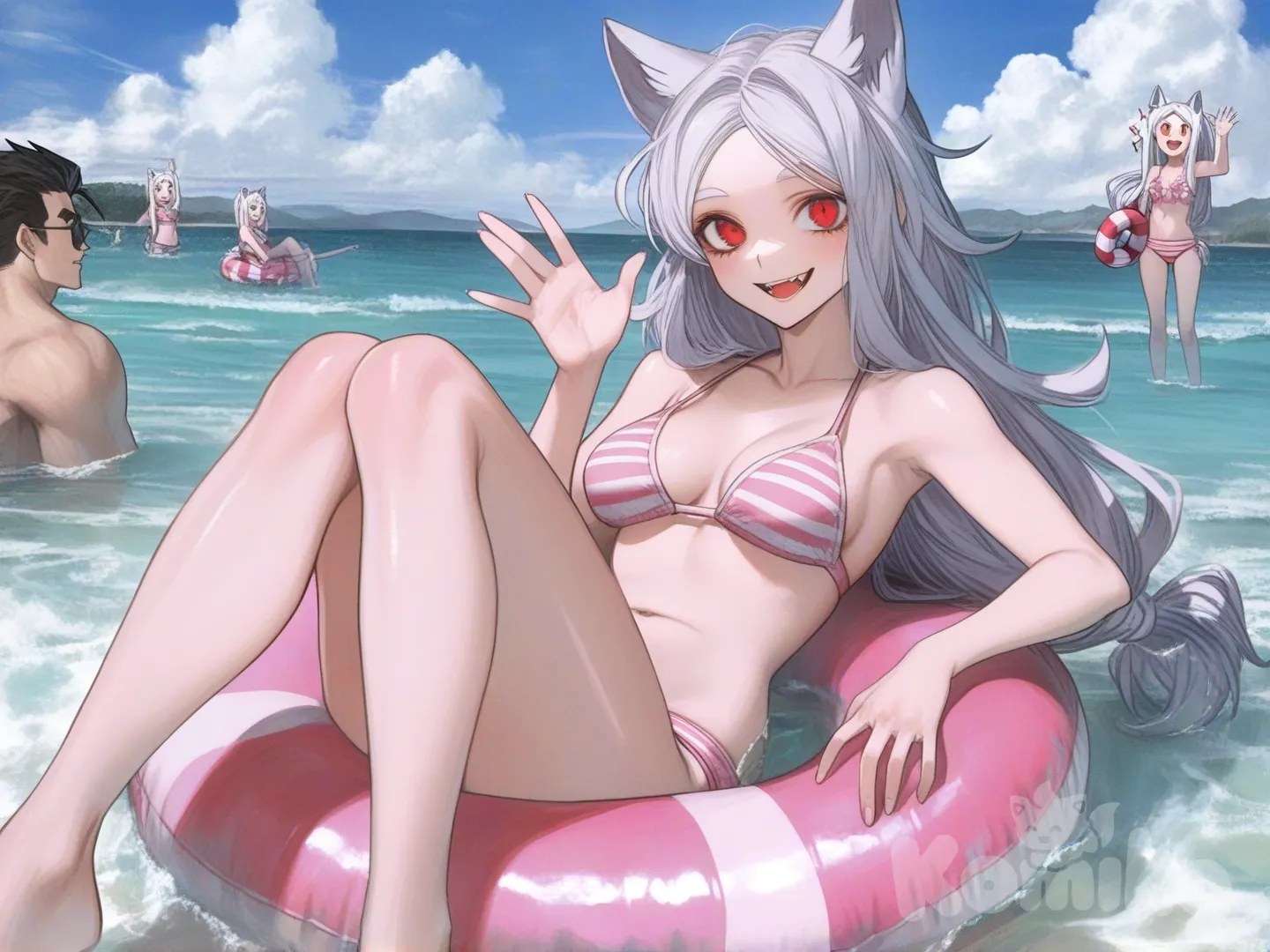 @Cerberus_(Helltaker), [semi-realistic-portrait-style], sunglasses, ambient light, blue sky, cloud, ocean, Beach, pink bikini, striped bikini, sexy body, medium breasts, on a round pink buoy,on a round pink float ,in the water,sitting on the float, waving, smile