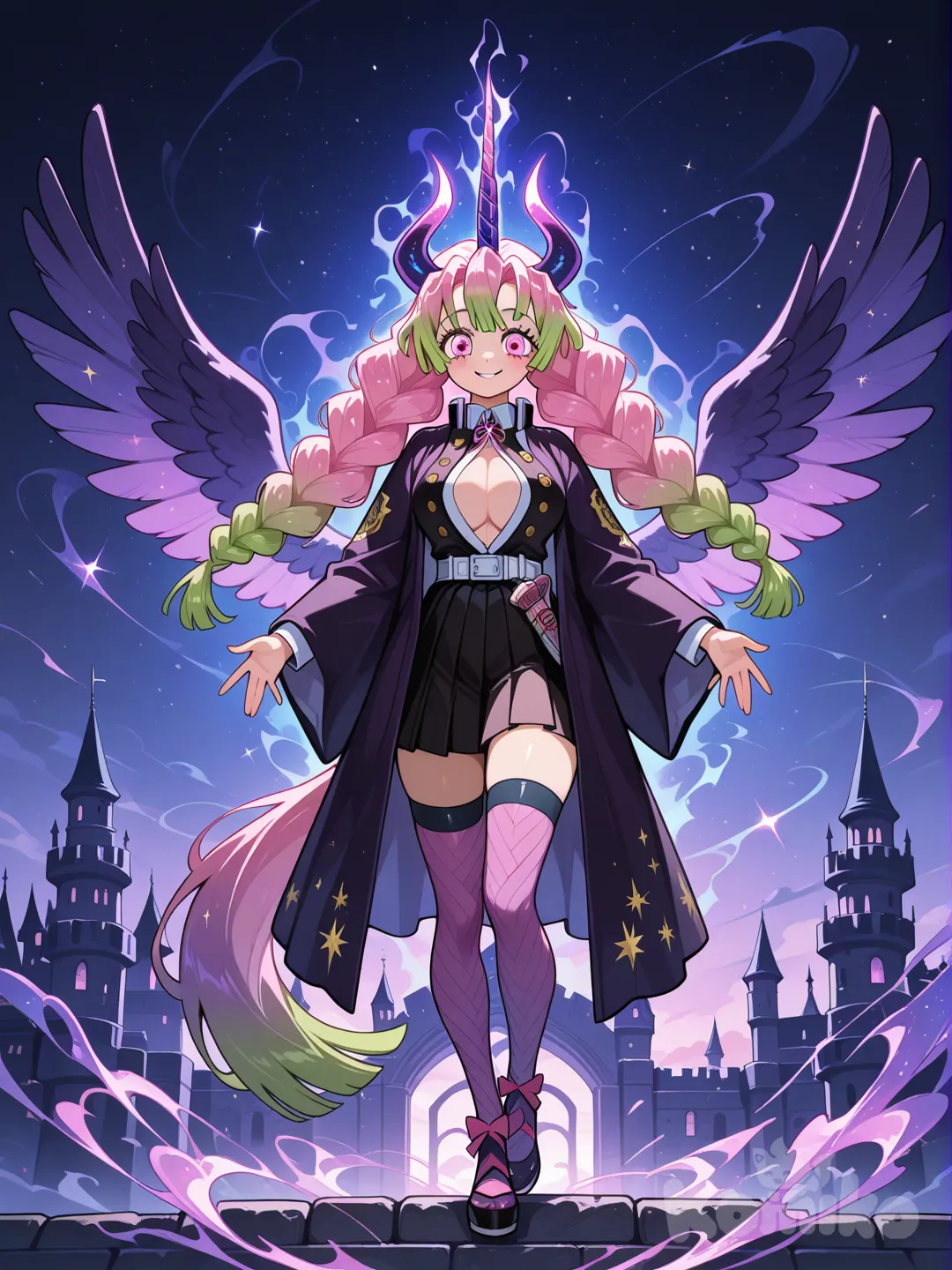 1girl, Twilight Sparkle (My Little Pony), smiling, full body, magic aura, colorful mane, fantasy, ultra-@Kanroji_Mitsuri