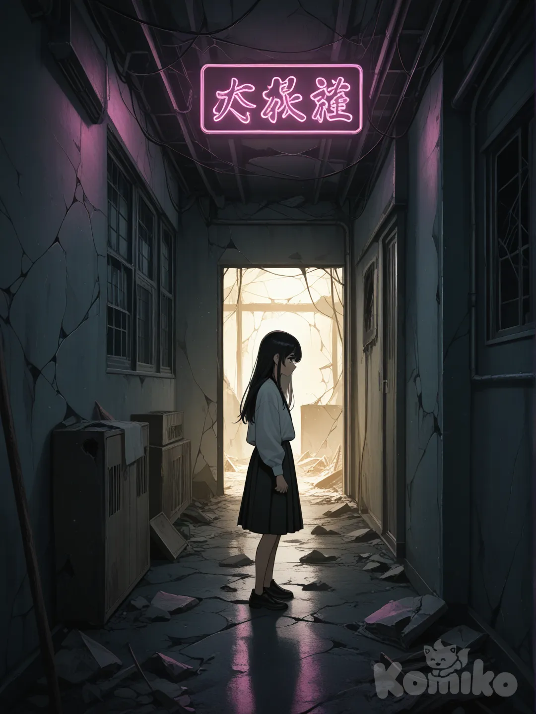 An Asian young woman with long dark hair standing inside an old building with cracked walls, damaged furniture inside, neon lights, camera angle from beside, as she is mysteriously looking around