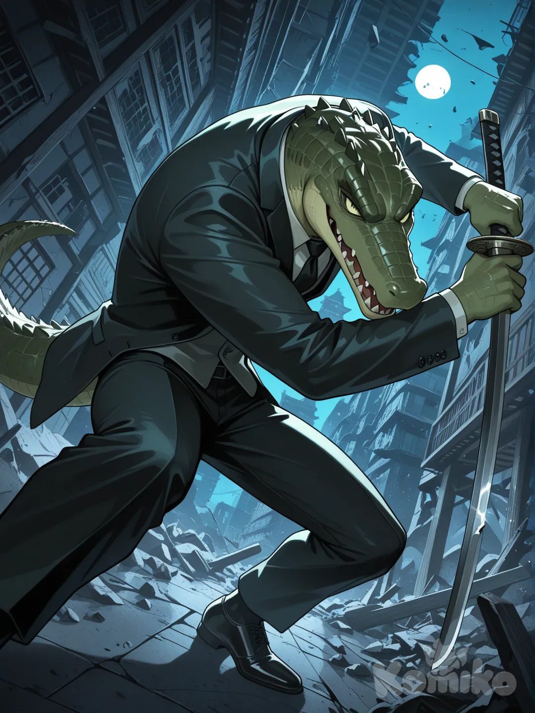 A pale green crocodile man wearing a three piece suit, holding sword, inside a damaged building, with damaged furniture, fighting , at night in japan , camera angle up close