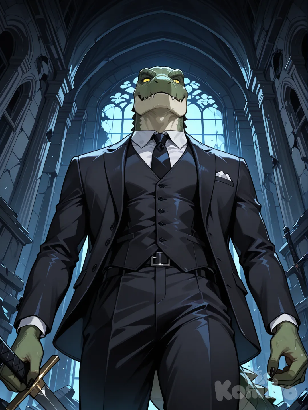 A pale green crocodile man wearing a three piece suit, holding sword, inside a damaged building, with damaged furniture, looking at viewer, at night, camera angle up close